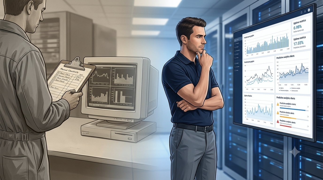 Comparison of manual data checking versus modern automated analytics dashboards, illustrating how data center roles have evolved over time.