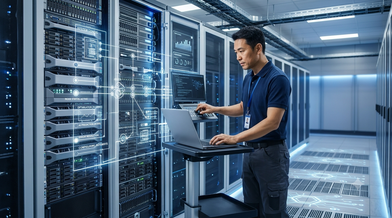 Engineer working on a laptop in a data center with visual overlays of AI system configuration and error resolution, representing the skill required behind automation.