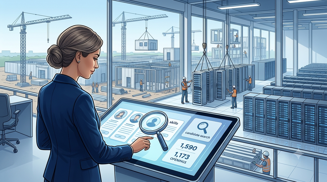 Recruiter searching for skilled candidates as new data center infrastructure is built, illustrating ongoing hiring demand alongside automation growth.
